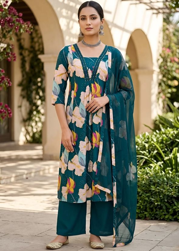 Teal Blue Floral Cotton Pant Suit With Dupatta