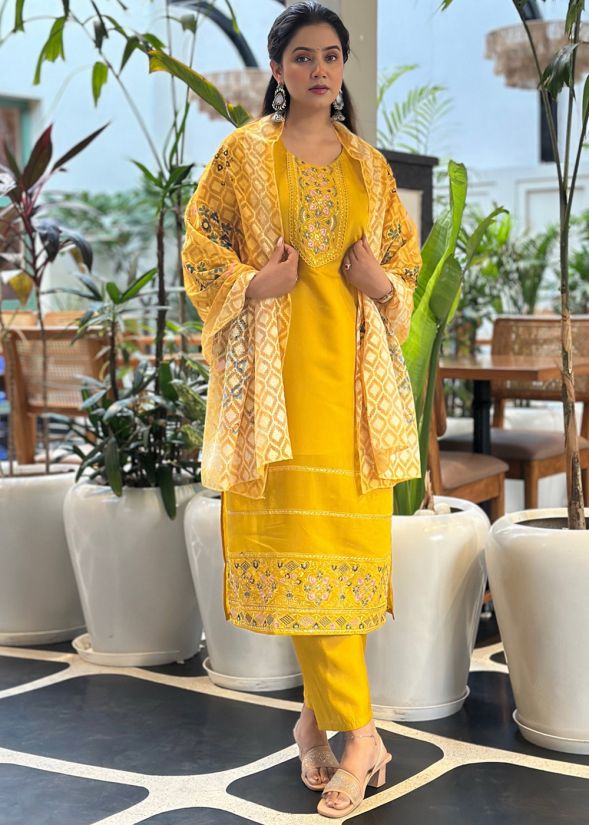 Mustard Yellow Art Silk Suit With Woven Dupatta