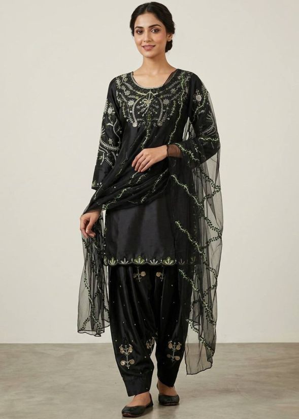 Black Satin Patiala Suit With Sequins Work