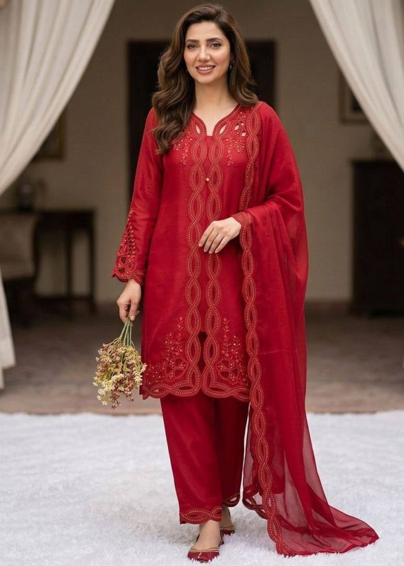 Red Chanderi Stone Work Pant Suit