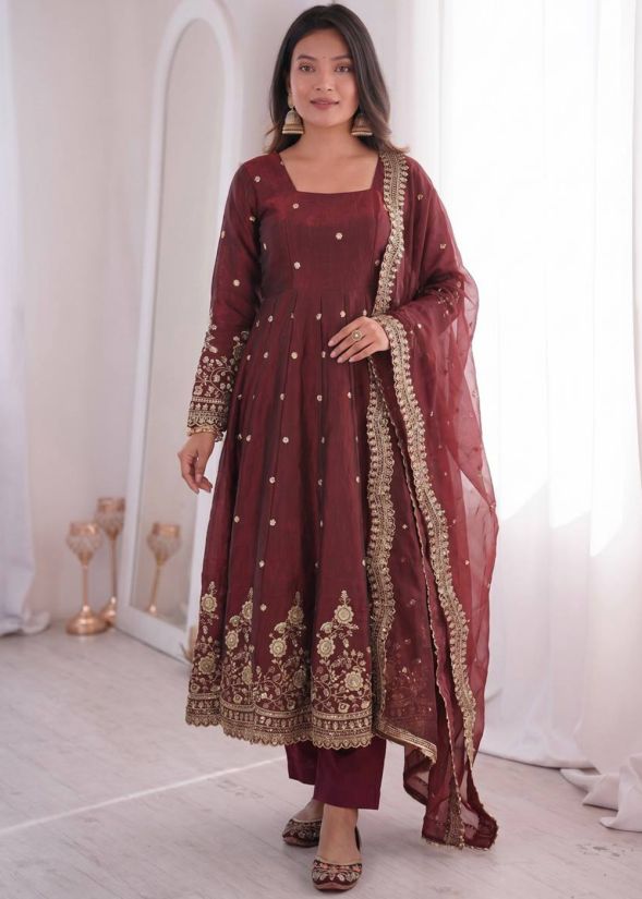 Maroon Art Silk Anarkali Suit With Sequins Work
