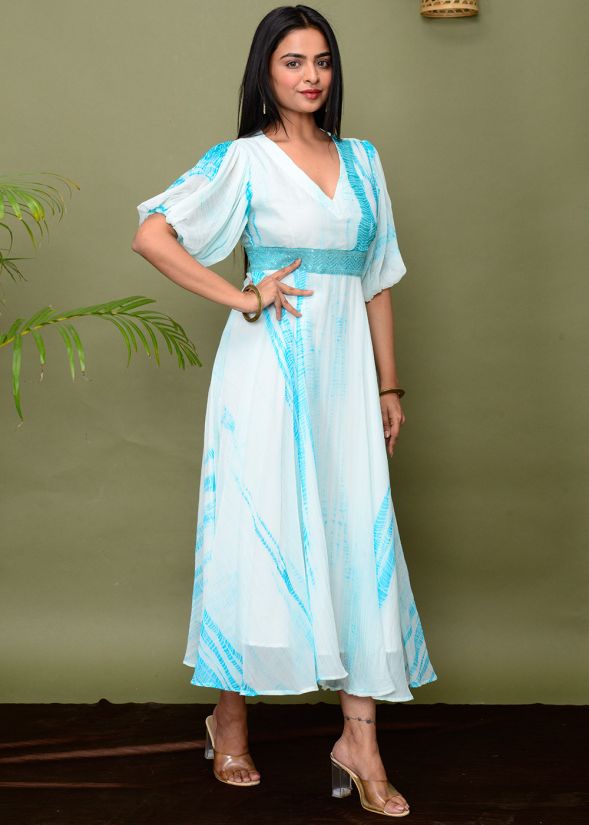 dye chiffon dress White and pink tie and dye chiffon dress with matching belt SNATCHED