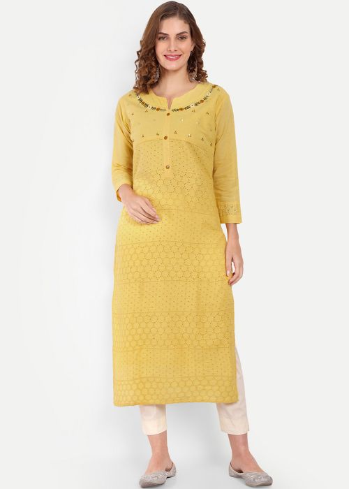Readymade Yellow Embroidered Kurti In Cotton