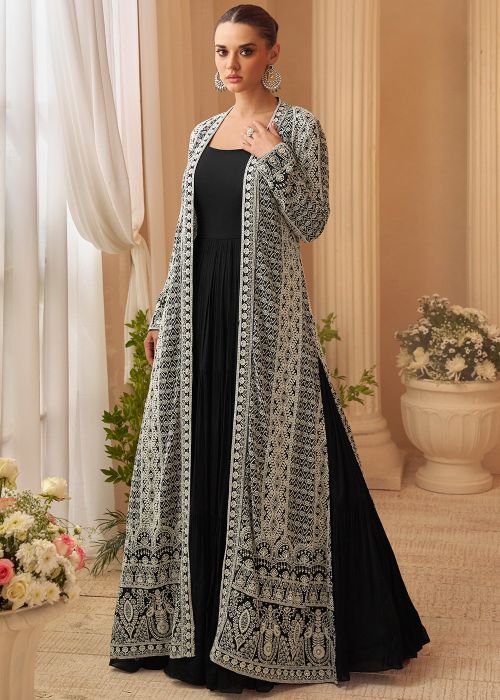 Black Chiffon Jacket Gown With Silver Embroidery