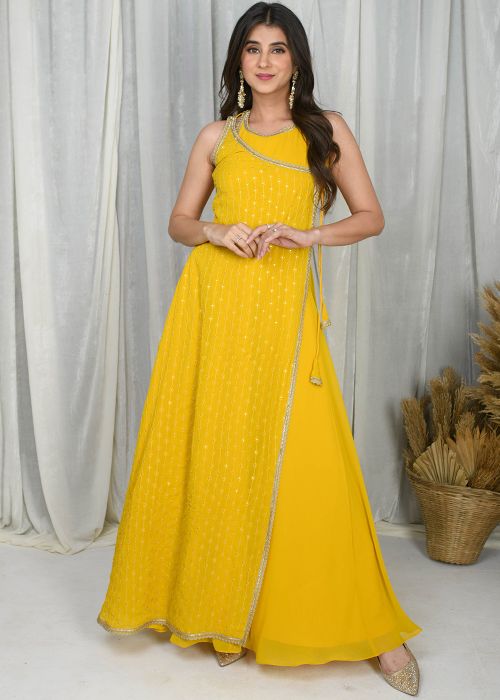 Yellow Overlapped Embellished Gown