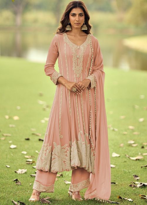 Peach Georgette Anarkali Suit With Bead Embroidery