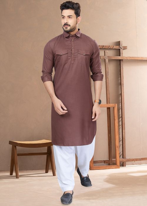 Mens Brown Cotton Pathani Suit