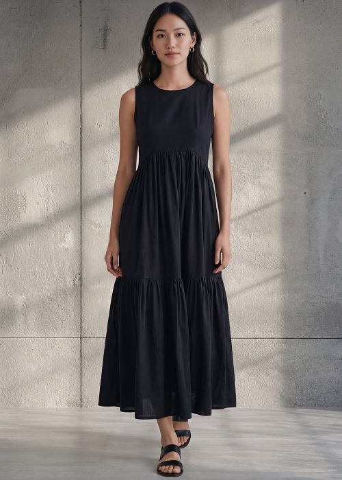 Black Cotton Tiered Maxi Dress