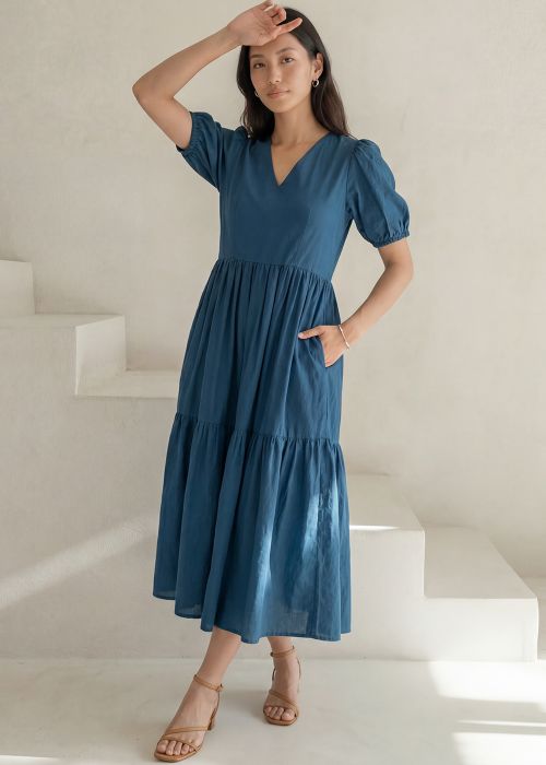 Teal Blue Puff Sleeved Midi Dress