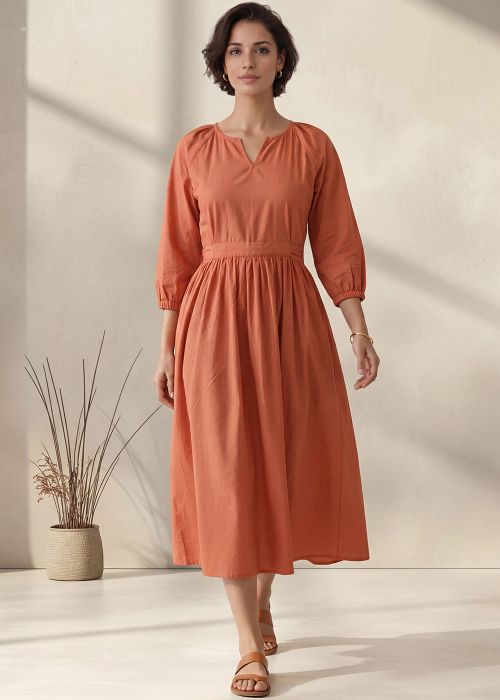 Orange Midi Dress With Belted Waist
