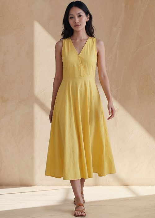 Sunshine Yellow Cotton V-Neck Midi Dress