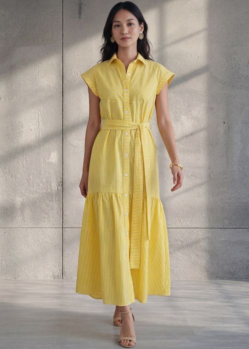 Yellow Striped Maxi Dress With Belt