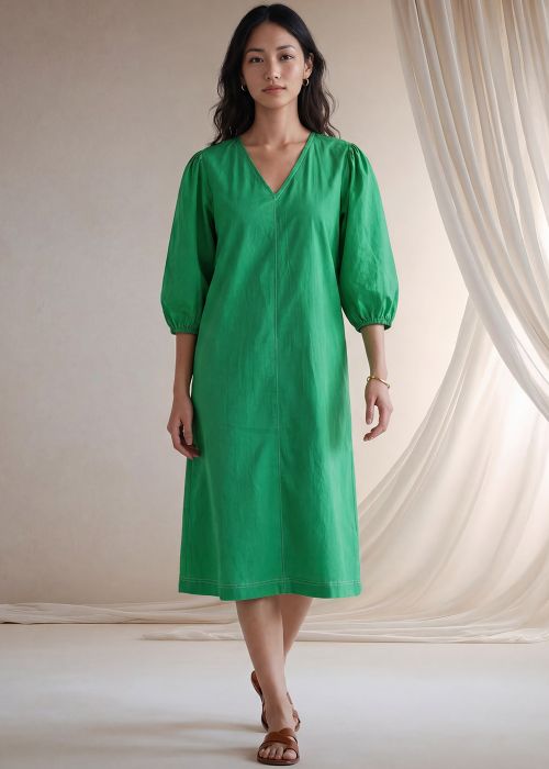 Green Puff Sleeves A Line Dress