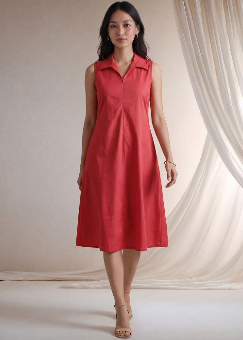 Red Knee Length Collared Dress
