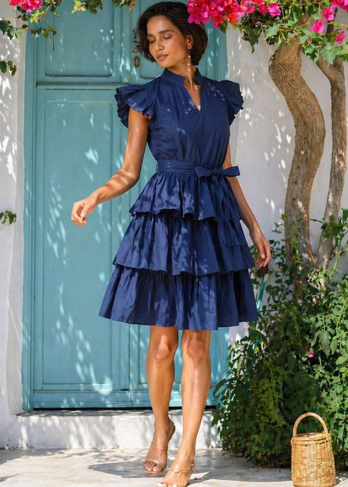 Navy Blue Cotton Tiered Mini Dress