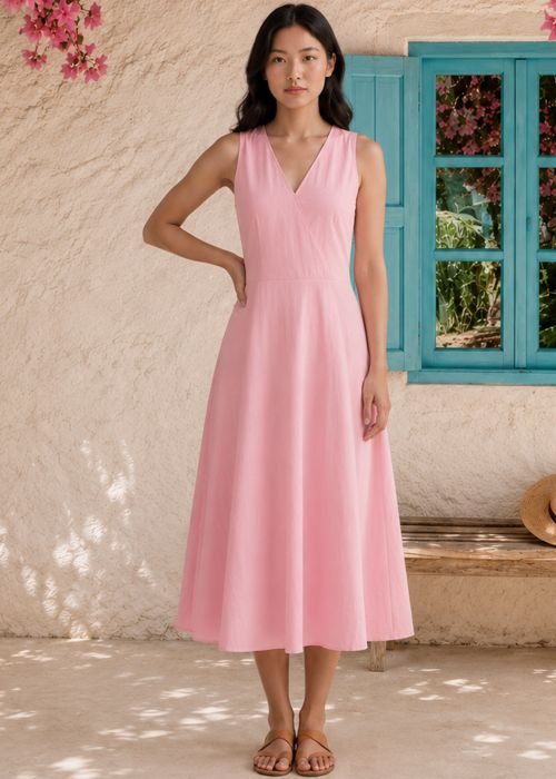Pink Cotton Surplice Neck Dress