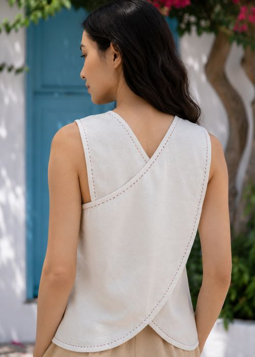 Off White Embroidered Cross Back Top