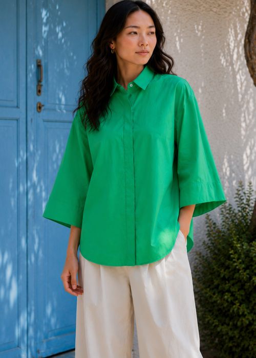 Green Cotton Poplin Boxy Shirt Top