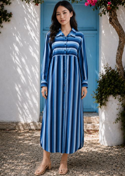Blue Striped Cotton Maxi Dress