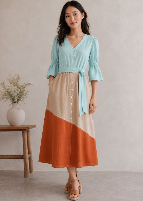 Color Block Cotton Flax Button Down Dress