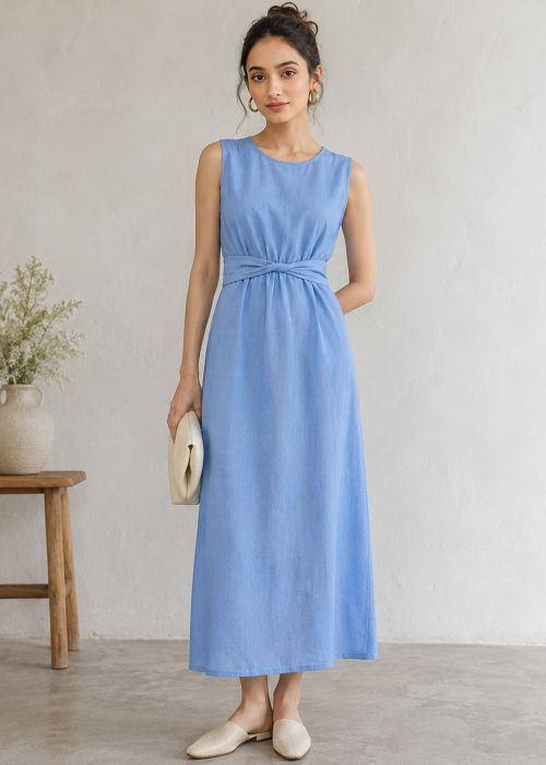 Blue Midi Dress With Twist Belt