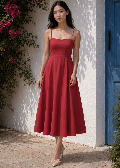 Spaghetti Strap Fit & Flare Dress in Maroon