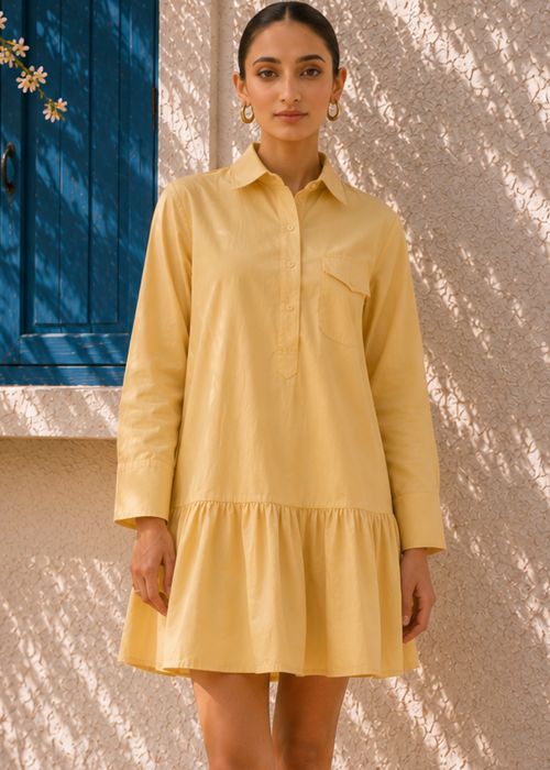 Pastel Yellow Cotton Poplin Mini Dress