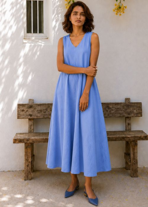 Sleeveless V-Neck Cotton Flax Midi Dress