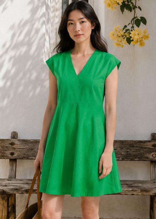 Emerald Green Poplin V-Neck Mini Dress