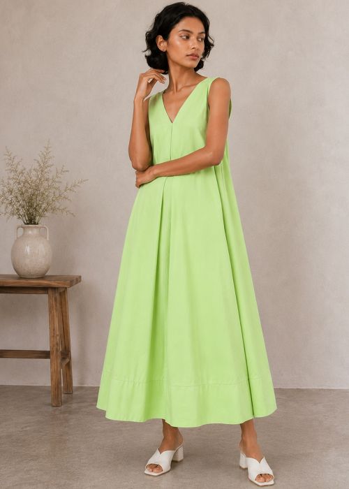 Flowy Sleeveless Trapeze Poplin Dress in Lime Green