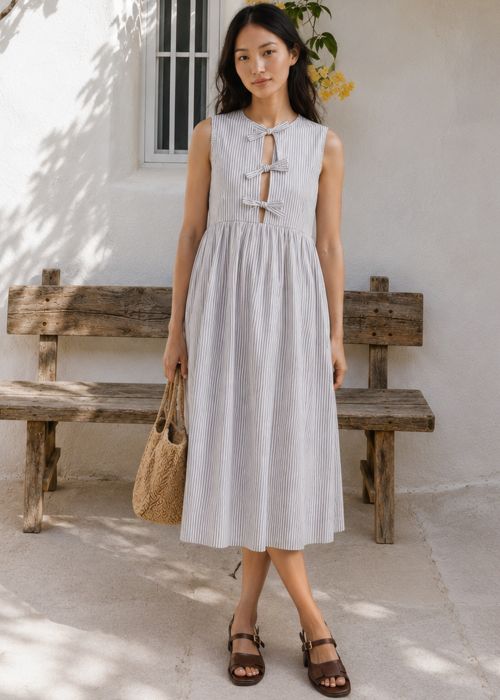 Grey Striped Cotton Dress With Bow Details