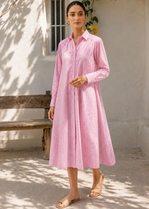 Pink Striped Cotton Shirt Midi Dress