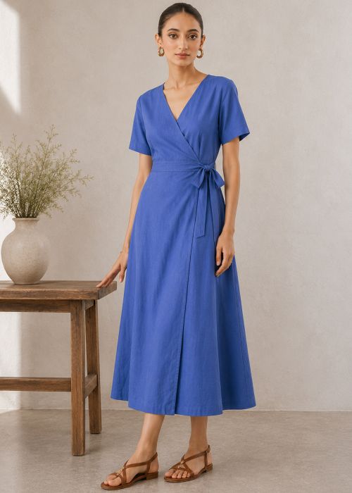 Blue Cotton Flax Wrap Maxi Dress