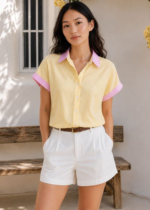 Yellow & White Striped Short Sleeve Shirt