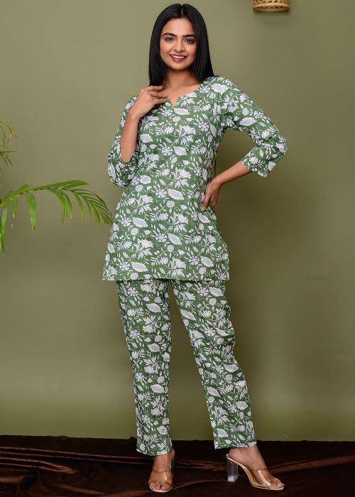 Green Digital Printed Readymade Cotton Co-Ord Set