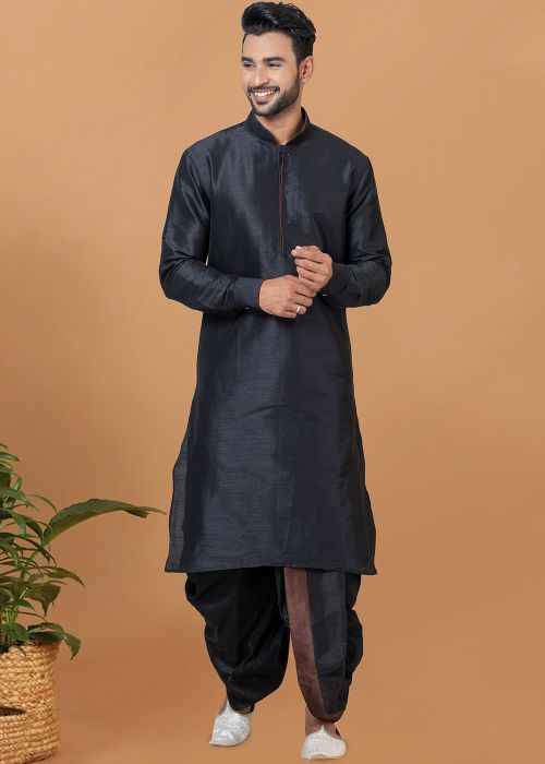 Black Readymade Plain Mens Dhoti Kurta