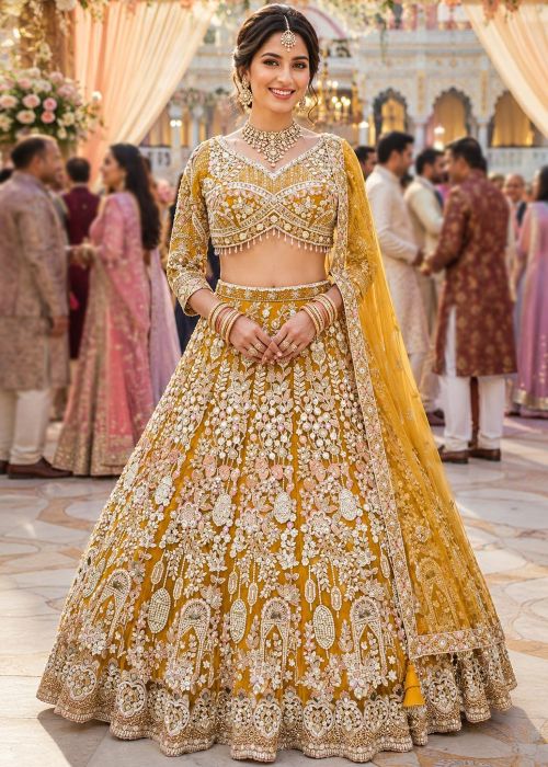 Yellow Net Lehenga Choli With Floral Embroidery