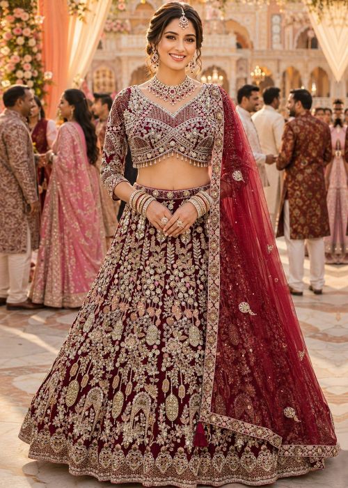 Maroon Net Bridal Lehenga Choli With Beadwork