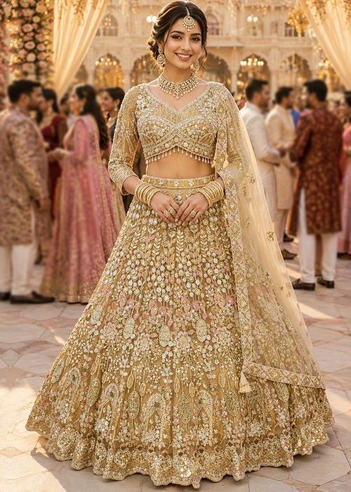 Beige Net Lehenga Choli With Sequins Detail