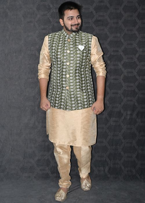 Golden Mens Kurta Pajama & Embroidered Nehru Jacket