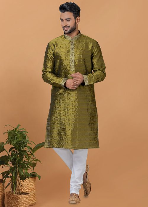 Green Embroidered Kurta Pajama In Silk