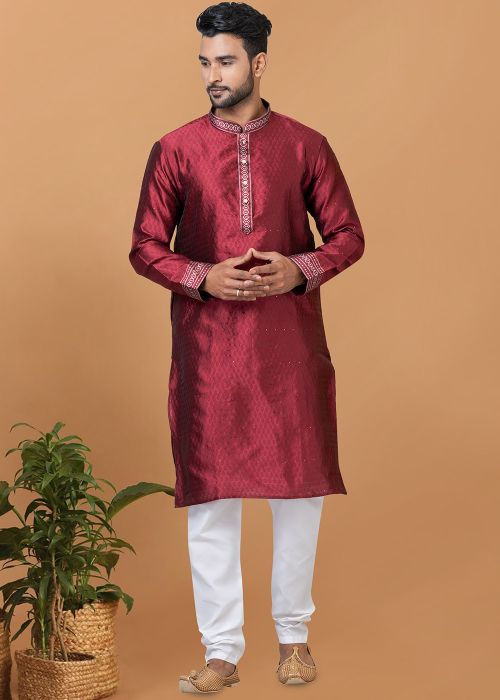 Maroon Kurta Pajama In Woven Work