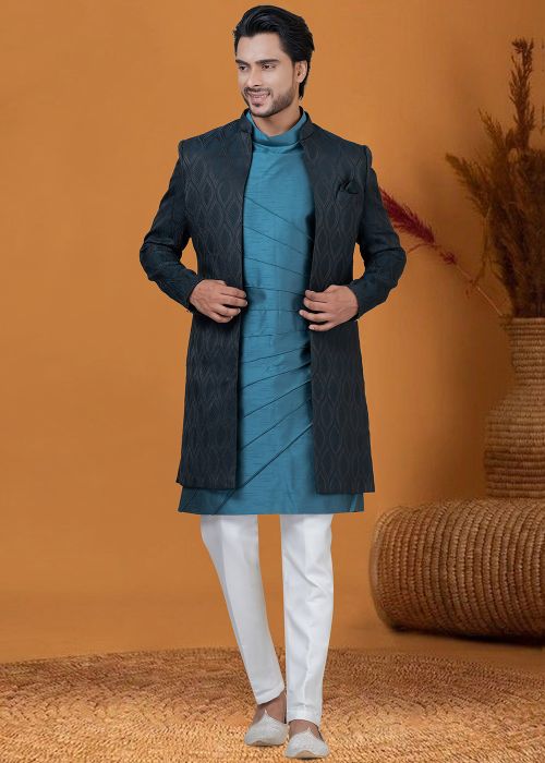 Teal Blue Mens Indo Western Sherwani & Jacket