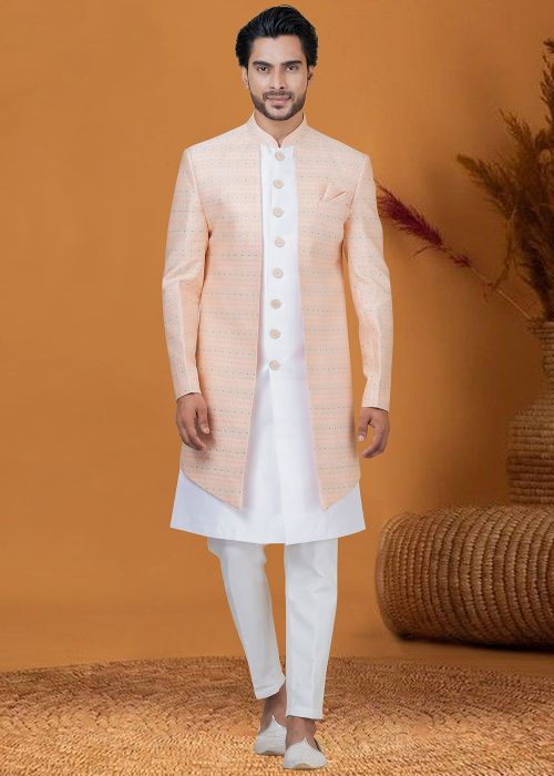 Peach Woven Work Indo Western Sherwani