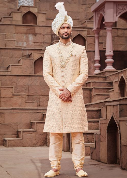 Mens Golden Embroidered Sherwani Set