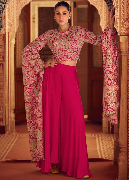 Pink Embroidered Top Bottom Set In Chiffon