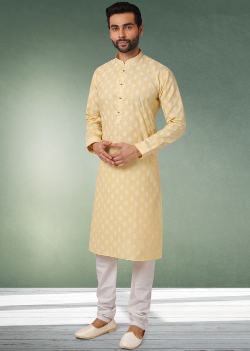 Yellow Printed Work Cotton Kurta Pajama