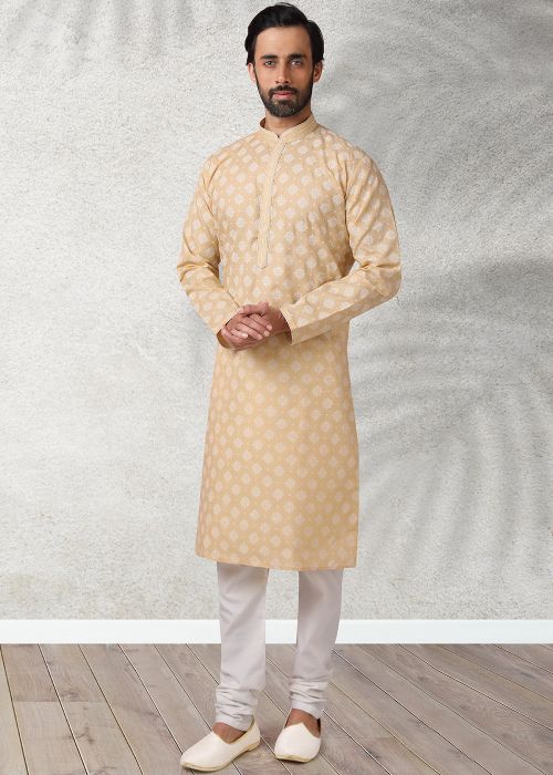 Mens Beige Printed Work Kurta Pajama
