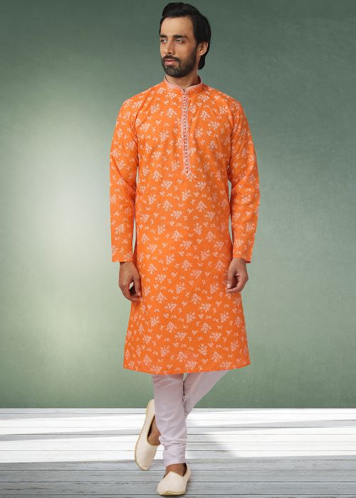 Orange Mens Floral Printed Kurta Pajama