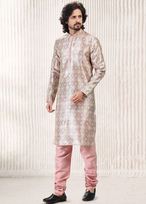 Beige Jacquard Readymade Mens Kurta Pajama In Digital Print